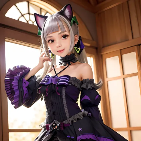 cinematic, indoor, looking at viewer, smile, head to thigh, photorealistic, a 12 years old asian girl, bbshion, long hair, twintails, hair ribbon, short eyebrows, animal ears, cat tail, earrings, frilled choker, halterneck, black bow, star brooch, bare sho...