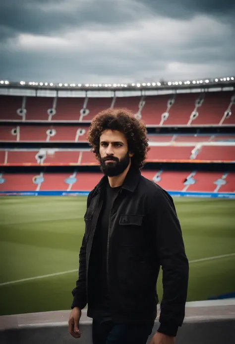 um homem negro de 27 anos de idade, Wide face and a medium nose, Fearful eyes with razo curly hair and beard with some flaws, In front of Barcelonas football stadium dressed in black pants and with the red and blue Barcelona jersey