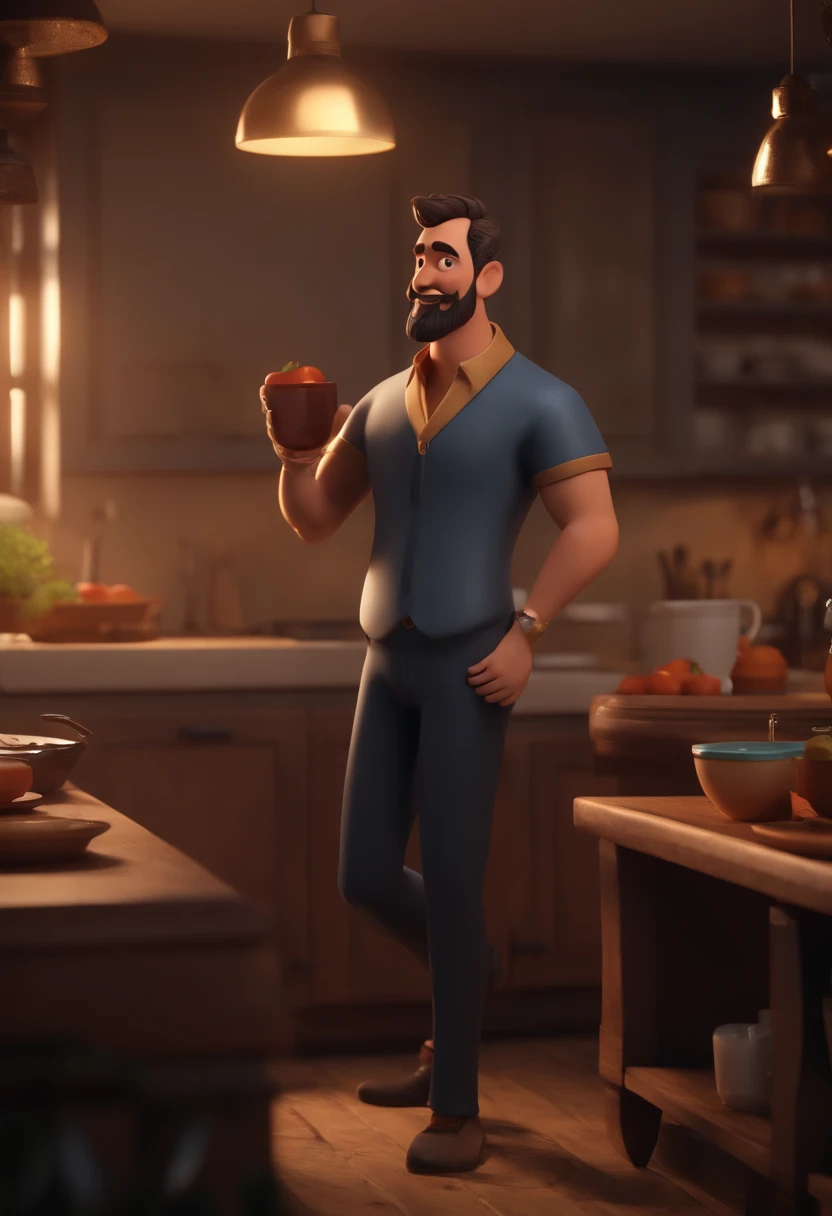 Cartoon character of a man with short hair and medium black beard and dressed with a kitchen dolma, animation character, Caractere estilizado, animation style rendering, 3D estilizado, Arnold Maya render, 3 d render stylized, toon render keyshot, Personage...