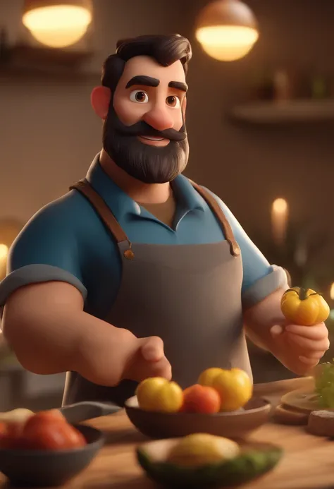 Cartoon character of a man with short hair and medium black beard and dressed with a kitchen dolma, animation character, Caractere estilizado, animation style rendering, 3D estilizado, Arnold Maya render, 3 d render stylized, toon render keyshot, Personage...