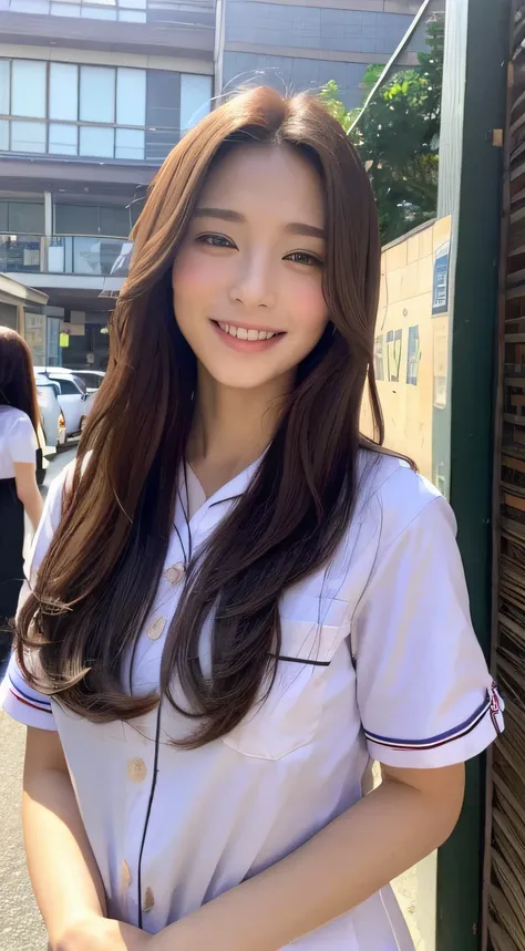 ((top-quality、8K、tmasterpiece:1.3))、1girl in、A smile、full bodyesbian、Slim Faces、Pretty women、(dark brown  hair)、Nurse Uniform 1.1、com rosto detalhado、A detailed eye、二重まぶた、The background is blurred out、Slim Faces、城市、takeout、A street、Japanese women