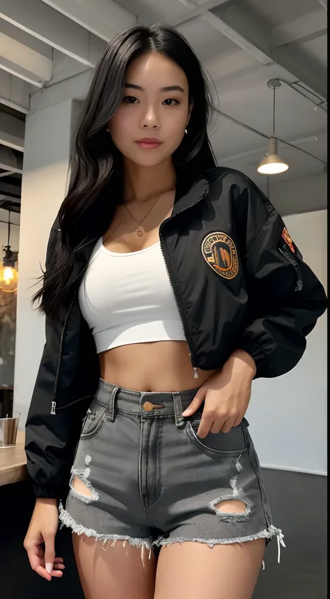 (hotify:1.2) 1girl, bar, pub, indoors, beer_can, black_shorts, can, cowboy_shot, crop_top, dolphin_shorts, drinking, flower-shaped_hair, grey_jacket, heart, holding, holding_can, jacket, long_sleeves, medium_hair, midriff, navel, off_shoulder, open_clothes...