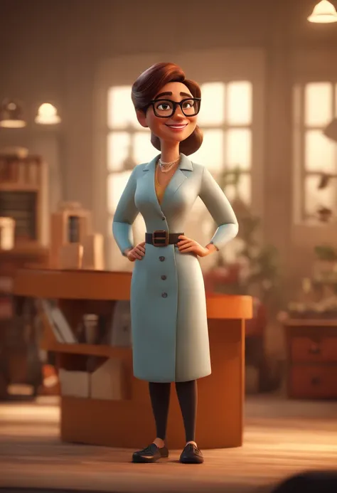 Cartoon character of a happy woman with black glasses with white dress shirt, in an optician, place that sells eyeglasses, animation character, Caractere estilizado, animation style rendering, 3D estilizado, 3 d render stylized, , Personagem 3D, Personagem...