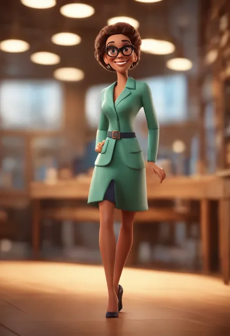 Cartoon character of a happy woman with black glasses with white dress shirt, in an optician, place that sells eyeglasses, animation character, Caractere estilizado, animation style rendering, 3D estilizado, 3 d render stylized, , Personagem 3D, Personagem...