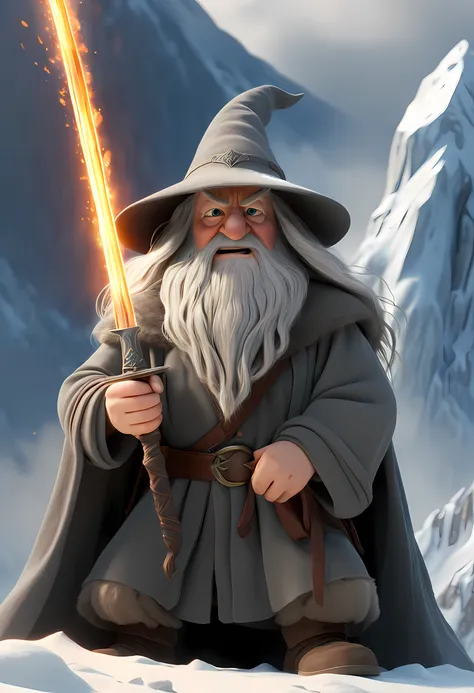 pixar style:2，the lord of the rings scene，gandalf wields his sword against the great firelord，on a snowy mountain，epic scenes，uh...