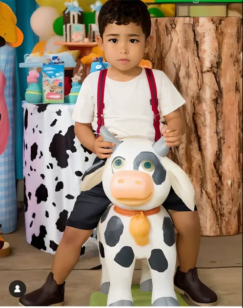 Araffe sentado em uma vaca de brinquedo em uma sala de jogos, Toy History style, Exagerado. cow costume with udders, Tema Cowboy, 🐎🍑, Toy Story, of Toy History, Woody de Toy Story, vaca, vaca-menina, 2 anos, Dunkey do videogame, Tema Velho Oeste, 👰 🏇 ❌ 🍃, ...