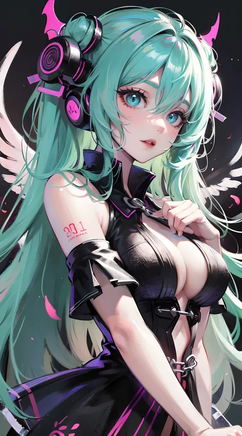 Absurdres masterpiece HDR high quality picture of Hatsune Miku, very young age girl 14 years old with detailed face, simple hair design , beautiful face, hands on waist and hands are hiding in her hair and clothes , very long hair, ((random hair style:1 ))...