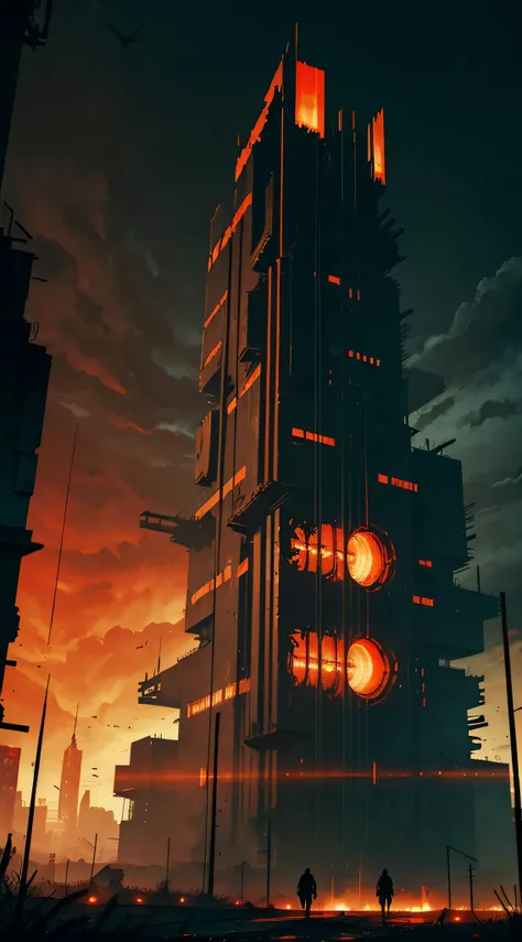 dark dystopic futurism landscape, horror art, hopeless atmosphere, huge dark brutalism gun on a huge dark brutalism wall, looking at the viewer, faint red and orange alarm lights, dark horror red lights, minimum light, dark futuristic brutalism wall, view ...