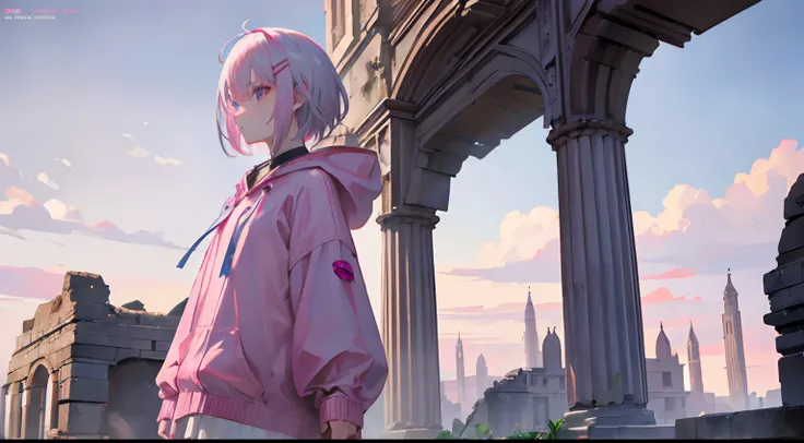 Pink woman with silver hair, Pink eyes, Very short hairstyle, (Rin々Profile:1.3), hair clips, Long sleeves, Brown hood, Small chest, Contre-Jour, ancient ruin, landscape, (masutepiece), (Best Quality, 8K, High resolution), Ultra-detailed, (Realistic), Vibra...