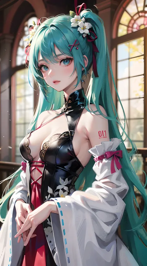 Absurdres masterpiece HDR high quality picture of Hatsune Miku, very young age girl 14 years old with detailed face, simple hair design , beautiful face, hands on waist and hands are hiding in her hair and clothes , very long hair, ((random hair style:1 ))...