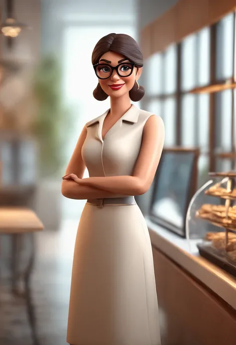 Cartoon character of a happy woman with black glasses with white dress shirt, in an optician, place that sells eyeglasses, local em Loja com predominancia branca,  animation character, Caractere estilizado, animation style rendering, 3D estilizado, 3 d ren...