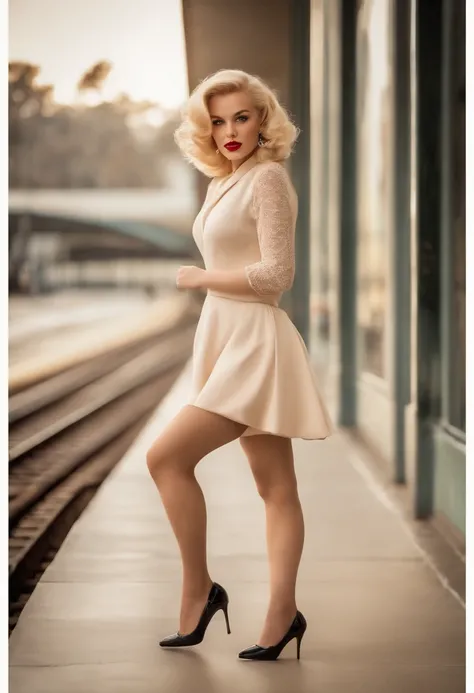 Marilyn Monroes face, Black stockings，Lacy big breasts，small tits，Low heels，Long legs，Squat down，Full-length photo，Metro station，Full-length young and beautiful woman, (legs are completely shod in high-shoes on heels), Blonde hair, softly falling in waves ...