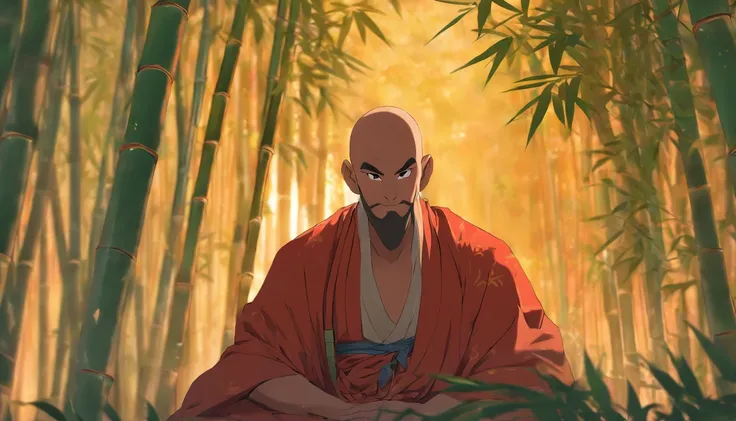 bald monk sitting in the bamboo forest, Andrew Tate, anime style, kimono clothes, 30 years old, beard