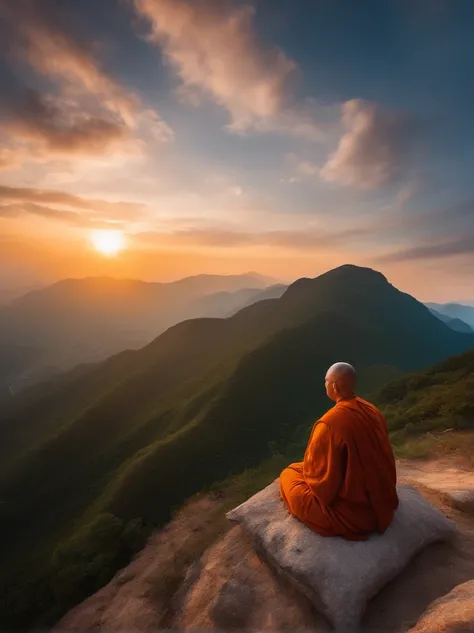 Former monks meditate at the top of a mountain,,Sunrise behind the monk, Ultra photo realsisim