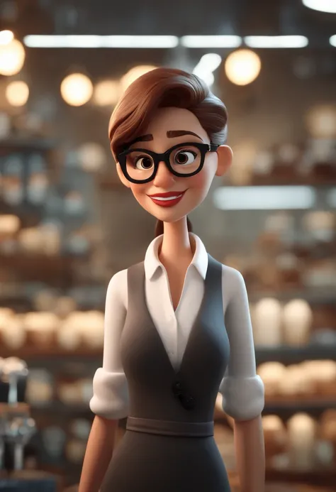 Cartoon character of a happy woman with black glasses with white dress shirt, in a place with lots of glasses, Store sales predominance white and illuminated tones , animation character, Caractere estilizado, animation style rendering, 3D estilizado, 3 d r...