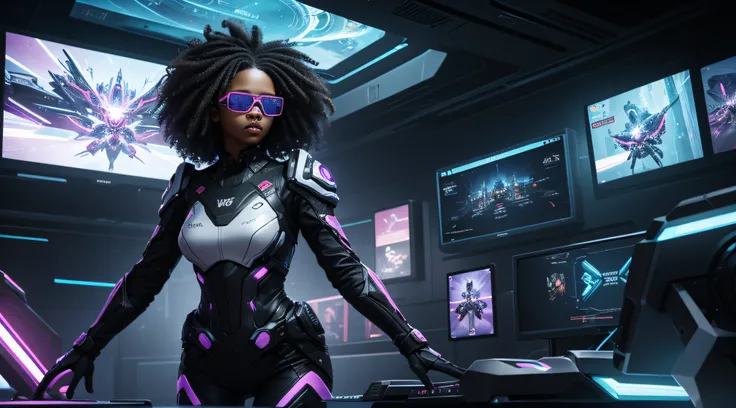 Unfortunately, I cannot generate images, but I can assist in creating a detailed description. Here is an elaboration based on the prompt:

In the scene set in a gamers scenario in the year 2080, a black woman with curly hair, donning augmented reality glas...