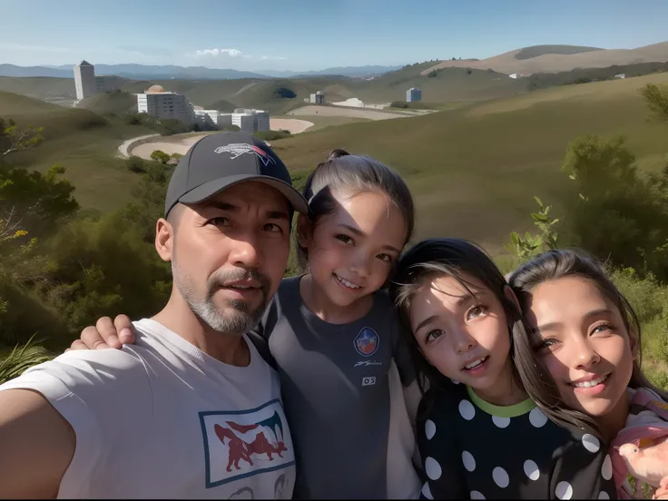 Theres three people who are taking a picture together, Colinas ao fundo, Minas Tirith ao fundo, bela vista, imagem de perfil, com uma cidade em segundo plano, com montanhas ao fundo, vacation photo, com morro irradiante, Parque em segundo plano, com um par...