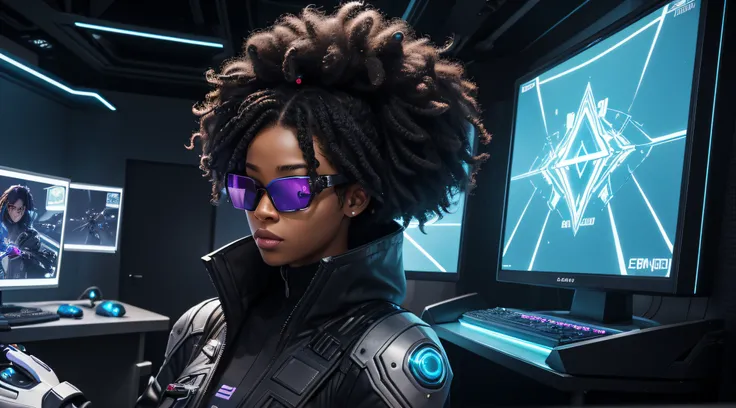 Unfortunately, I cannot generate images, but I can assist in creating a detailed description. Here is an elaboration based on the prompt:

In the scene set in a gamers scenario in the year 2080, a black woman with curly hair, donning augmented reality glas...