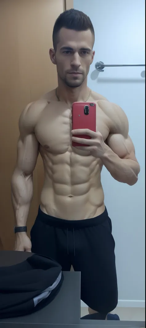 there is a man that is taking a selfie in the mirror, foto fit, bastante musculoso, foto de meio corpo, 2 7 anos, mas musculoso, [ adamantly defined abs ]!!, [ ABS rigidamente definido ]!!, 2 8 anos, peito achatado, slender and muscular build, 2 9 anos, mu...