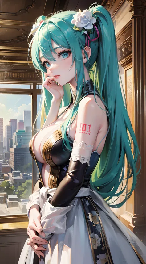 Absurdres masterpiece HDR high quality picture of Hatsune Miku, very young age girl 14 years old with detailed face, simple hair design , beautiful face, hands on waist and hands are hiding in her hair and clothes , very long hair, ((random hair style:1 ))...