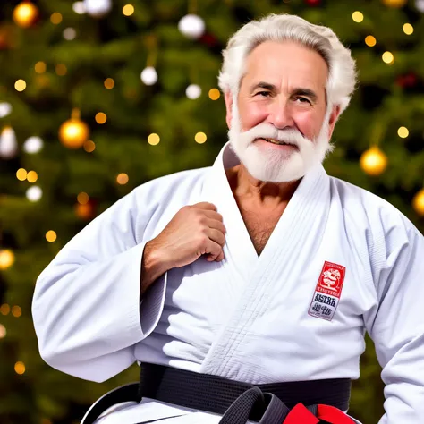 Santa claus. confident expression, graves, estilo guerreiro. Cabelo e barba branca. Vestindo judo gi vermelho. Ambiente natalino.