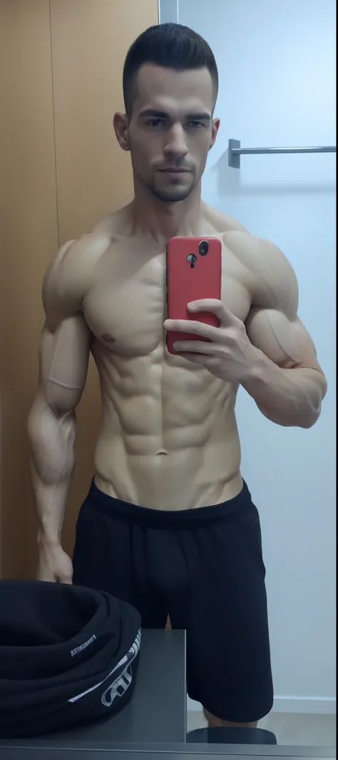 there is a man that is taking a selfie in the mirror, foto fit, bastante musculoso, foto de meio corpo, 2 7 anos, mas musculoso, [ adamantly defined abs ]!!, [ ABS rigidamente definido ]!!, 2 8 anos, peito achatado, slender and muscular build, 2 9 anos, mu...