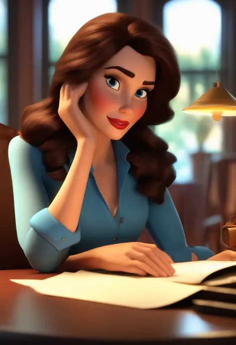 Pixar style image with 3D character brunette woman straight hair long working in blue dress shirt sitting in front of a table with papers Disney Makeup,bonitinho, sorridente ,Close-up, Pixar, Disney, Uplighting