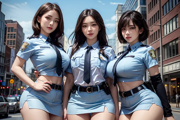 (1 policewoman),three female police officers, ultimate beautiful mature, hyperdetailed face, detailed eyes, double eyelids, deta...