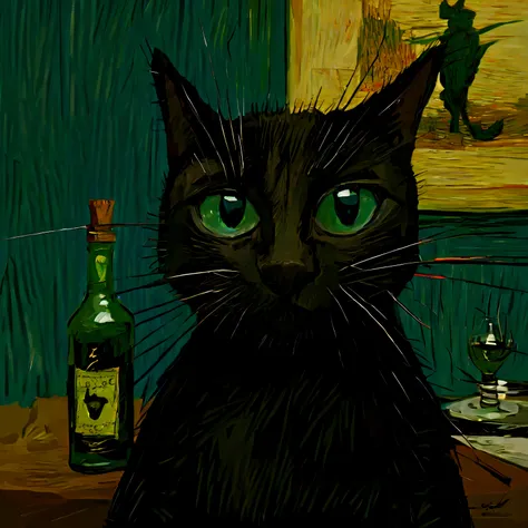 black cat with a absinth bottle, (vincent van gogh on the background:1.5), caricature, albeniz rodriguez style