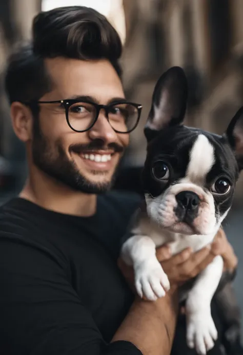 Pixar. Couple with a white female French bulldog puppy with black full head and a small white line in the middle of the face. A menina tem os cabelos pretos longos, Camiseta cinza e jeans claro, Big gold glasses. The boy with very short black hair and shav...