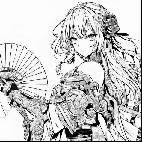 holding a fan、his arms are equipped with a basket、 extremely fine ink lineart, beautiful line art, ultra-detailed manga drawing,...