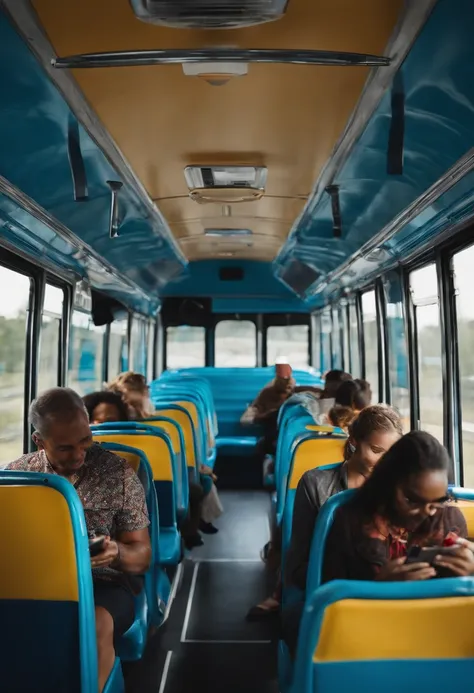 Interior of bus with happy passengers using their smartphones in shades of blue