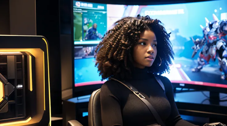 An empowered black woman with curly hair is portrayed as an adventurer in a futuristic gamer scenario. She exudes confidence and determination while immersed in a futuristic gaming world.