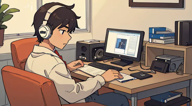 High school boy studying while listening to music with headphones