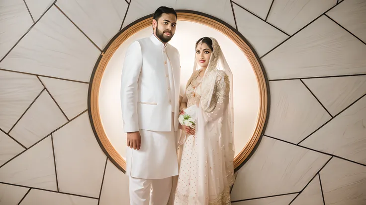 bride and groom posing for a picture in front of a wall, wedding photo, lovely couple, very clear picture, ash thorp khyzyl saleem, khyzyl saleem, ruan ji, kyza saleem, couple, wedding, album