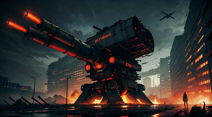 dark dystopic futurism landscape, horror art, hopeless atmosphere, ((huge dark brutalism anti-aircraft gun on a huge dark brutalism wall)), massive and detailed anti-aircraft gun on a wall, looking at the viewer, faint red and orange alarm lights, dark hor...