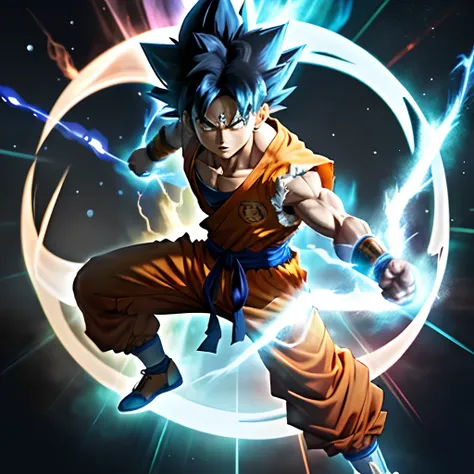 Anime, Goku with a serious look, olhando pra frente, exalando poder de forma insana, With a blue aura all around you. Imagem de alta qualidade,