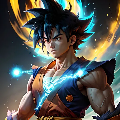 Anime, Goku with a serious look, olhando pra frente, exalando poder de forma insana, With a blue aura all around you. Imagem de alta qualidade,