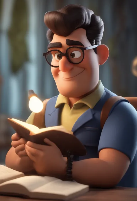 Cartoon character of a man with short hair wearing black glasses and a blue shirt, A microphone in one hand and a Bible in the other , um personagem animado, Caractere estilizado, animation style rendering, 3D estilizado, Arnold Maya render, 3 d render sty...