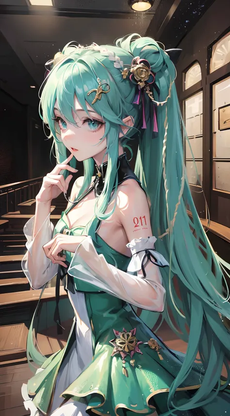 Absurdres masterpiece HDR high quality picture of Hatsune Miku, very young age girl 14 years old with detailed face, simple hair design , beautiful face, hands on waist and hands are hiding in her hair and clothes , very long hair, ((random hair style:1 ))...