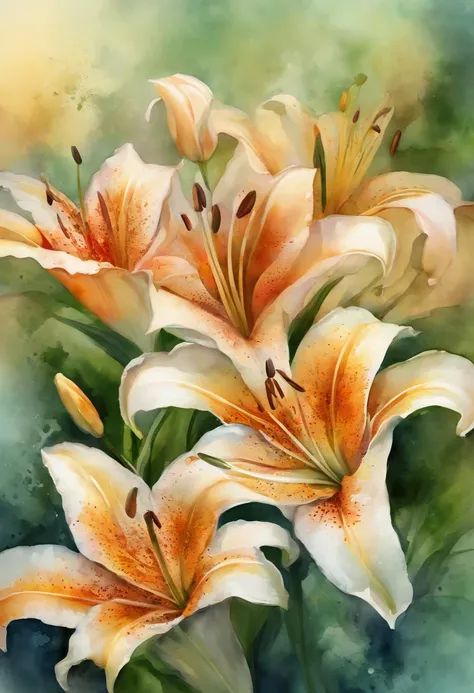 estilo wtrcolor, arte digital de (lilies), Arte Oficial, Soprado pelo vento, master part, Beautiful, ((Aquarela)), splatter de tinta, detalhes intrincados. grande detalhe, [Pingando:0.5], trending on ArtStation, Raquel Walker