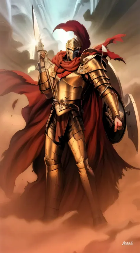 a painting of a man in armor holding a sword and shield, ares with heavy armor and sword, spartan warrior, dressed in spartan armour, ares, portrait of greek god ares, spartan, style of raymond swanland, dark sword in aress hand, epic graphic novel wallpap...