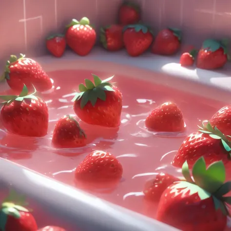 White bathtub with 5 large strawberries, Minimal background in pale pink color, Pixar, cinematic lighting, Nikon, UHD, high details, 4K