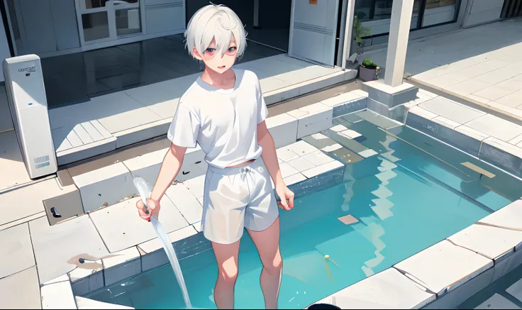 Outstanding, high quality, anime style, ultra high definition, human anatomy, beautiful eyes, delicate teenage face, ((boy)), (()), wet white shirt, , ((boy) Soaked white panties)), panting, short white hair, drooling, wet body, succubus character, full bo...