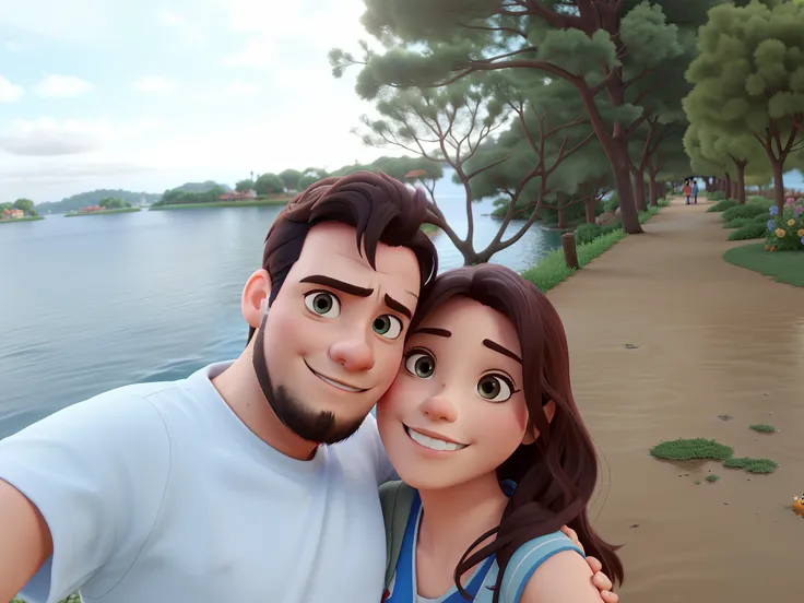 Casal com lagoa no fundo no estilo Disney pixar