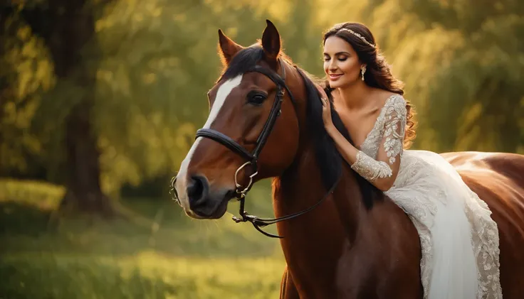 (aesthetic,cinematic)(best quality,highres,masterpiece:1.2),ultra-detailed(realistic:1.37) portrait of a couple(characteristic bride, handsome groom) riding a magnificent horse. The horse is adorned with colorful traditional pre-wedding ethnic decorations,...