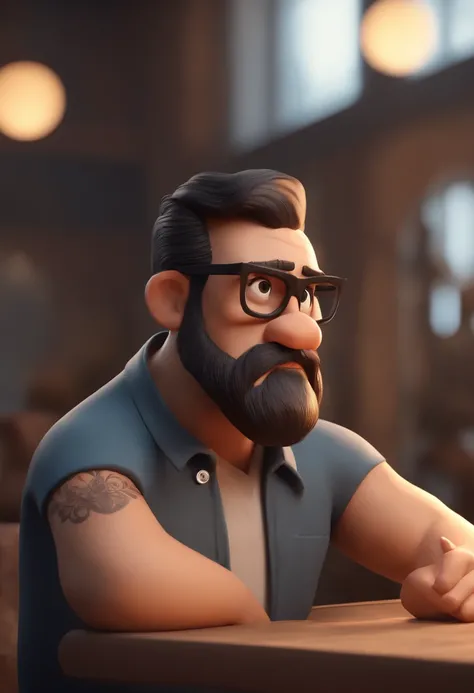 Cartoon character of a man with black glasses and a black polo shirt, cabelo liso, With beard and old school tattoo on his arm, animation character, Caractere estilizado, animation style rendering, 3D estilizado, Arnold Maya render, 3 d render stylized, to...