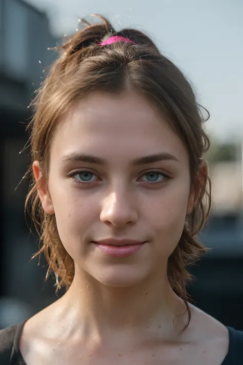 (RAW photo) night scene, close-up photo of a sexy girl, posing, looking at the viewer, smiling, freckles, tanned skin, black eyeliner, brown hair +pink highlights hair in a ponytail, (blue eyes), handsome young face, 23 yo, soft volumetric lights, soft key...