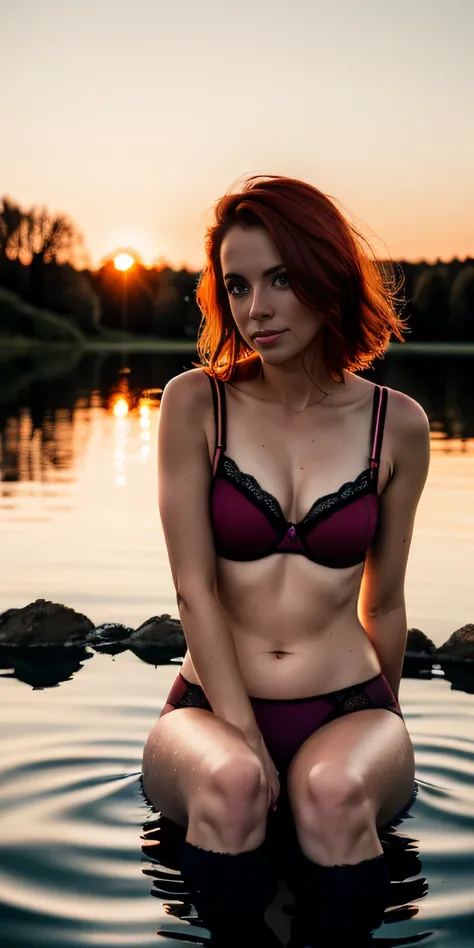 Portrait of a 32-year-old redhead, Frenchwoman, slim figure, (front view), sitting in the water of a lake, (legs apart), in lace underwear, seduction, Sunset, cinematographic rendering, 32K