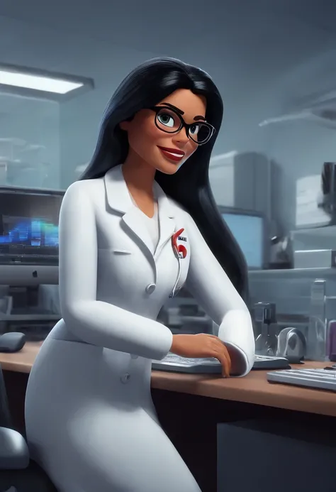 Pixar style image with 3D character white glasses white woman big black straight hair in white lab coat working in front of computer in office, Maquiagem Disney,Pescador, bonitinho, sorridente ,Close-up, Pixar, Disney, Cinema lighting,